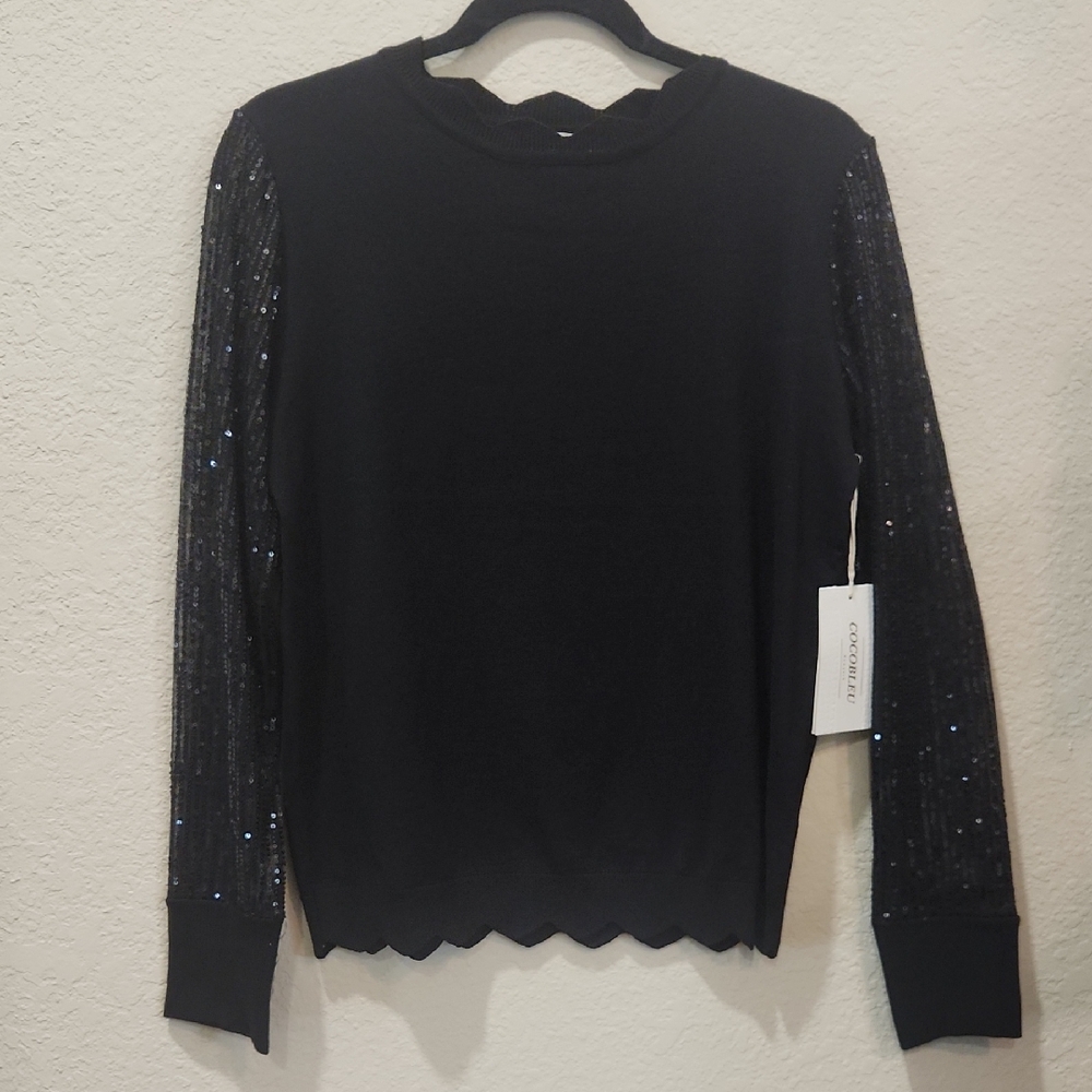 Cocobleu Black Sequin-Sleeve Long-Sleeve Sweater